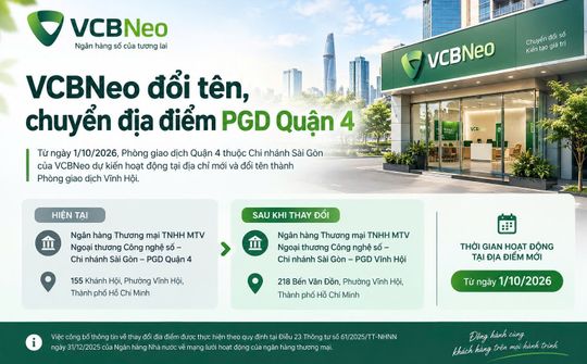 VCBNeo thay đổi địa điểm và tên gọi Phòng giao dịch Quận 4