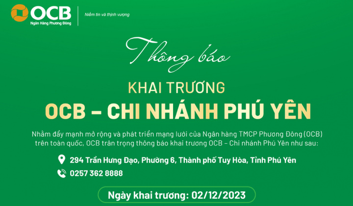 OCB Phú Yên khai trương trụ sở mới từ 2/12/2023
