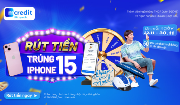 Khách hàng có thể được tặng iPhone 15 khi rút tiền qua app Mcredit