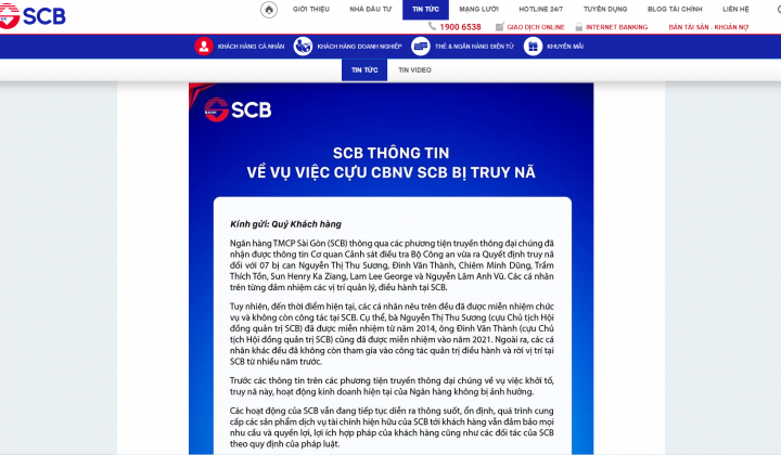Ngân hàng SCB thông tin về vụ việc các cựu cán bộ, nhân viên bị truy nã