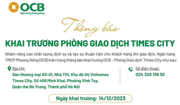 OCB Times City khai trương ngày 14/12/2023