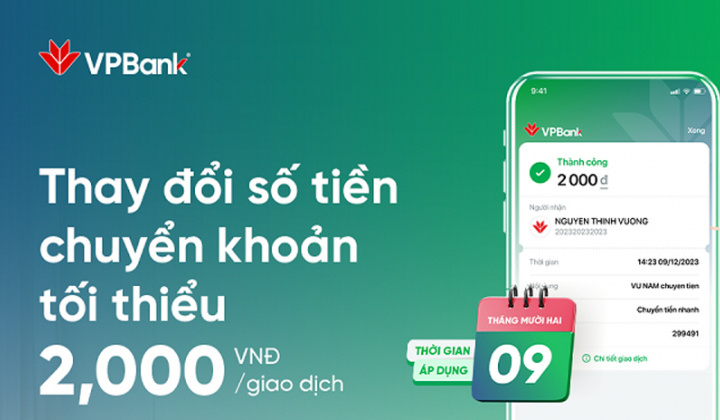 VPBank cập nhật giá trị tối thiểu chuyển khoản trên VPBank NEO