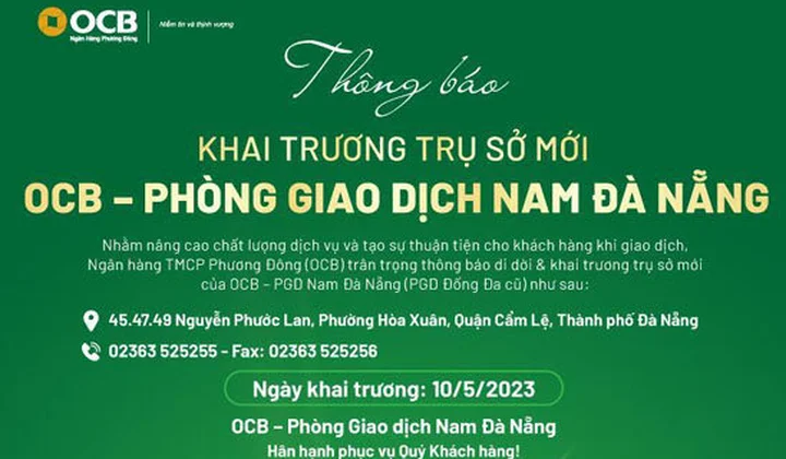 OCB thay đổi tên và địa điểm đặt trụ sở của Phòng giao dịch Phan Đống Đa