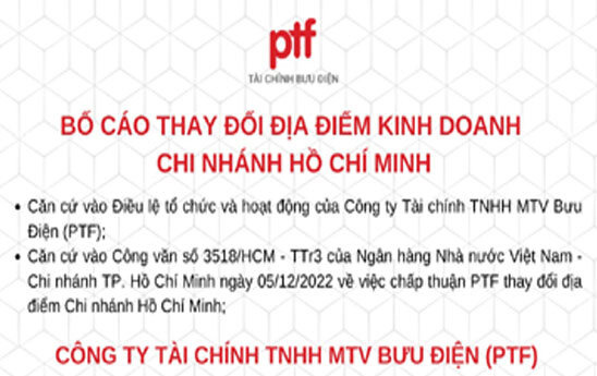 PTF thay đổi địa điểm kinh doanh chi nhánh Hồ Chí Minh