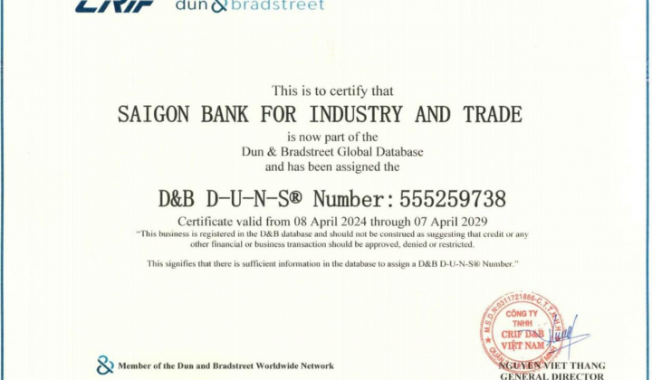 SaiGonBank là thành viên trên hệ thống số hóa dữ liệu quốc tế D-U-N-S®