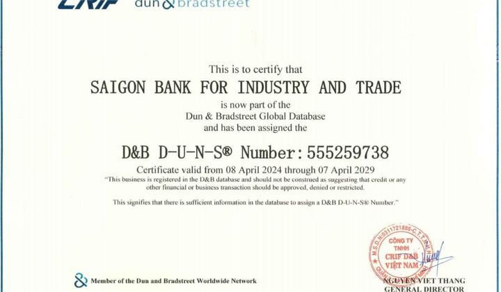SaiGonBank là thành viên trên hệ thống số hóa dữ liệu quốc tế D-U-N-S®