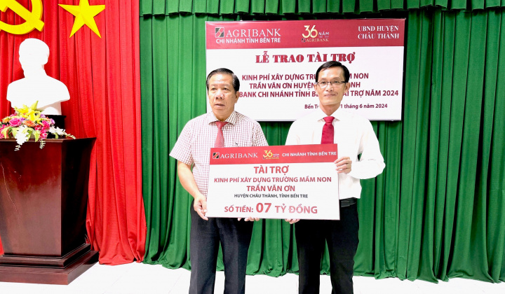Agribank Bến Tre tài trợ 7 tỷ đồng xây dựng trường mầm non Trần Văn Ơn tại tỉnh Bến Tre