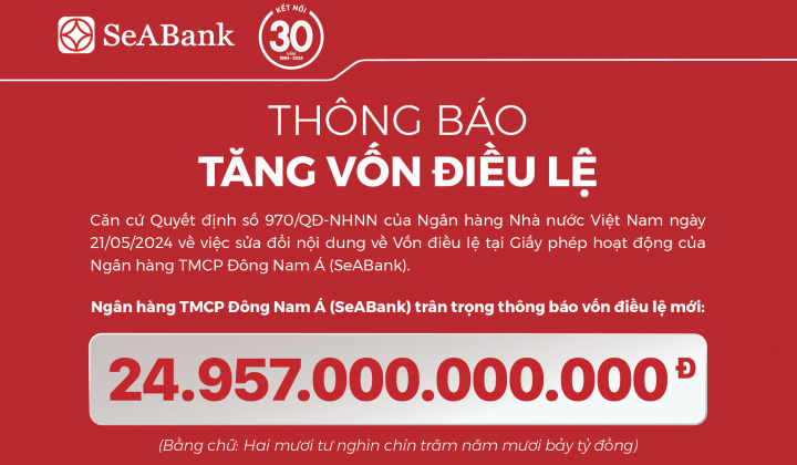 SeABank hoàn tất tăng vốn điều lệ lên 24.957 tỷ đồng
