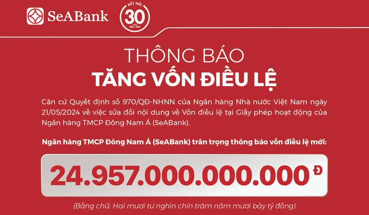 SeABank hoàn tất tăng vốn điều lệ lên 24.957 tỷ đồng