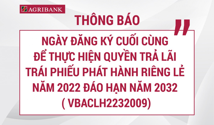 Agribank chốt ngày trả lãi trái phiếu có mã VBA12208
