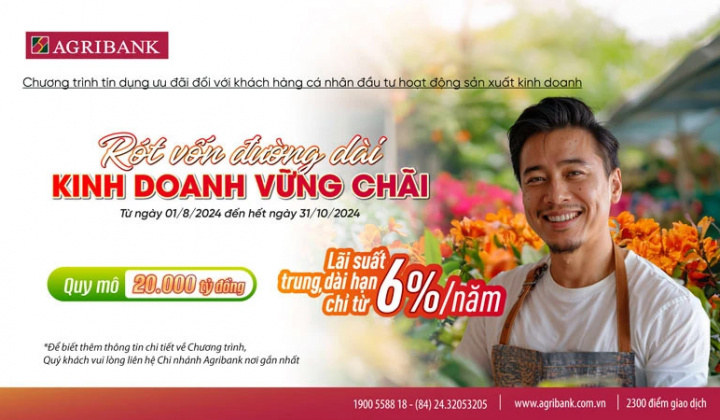 Agribank dành 20.000 tỷ đồng cho vay khách hàng cá nhân, lãi suất từ 6,0%/năm