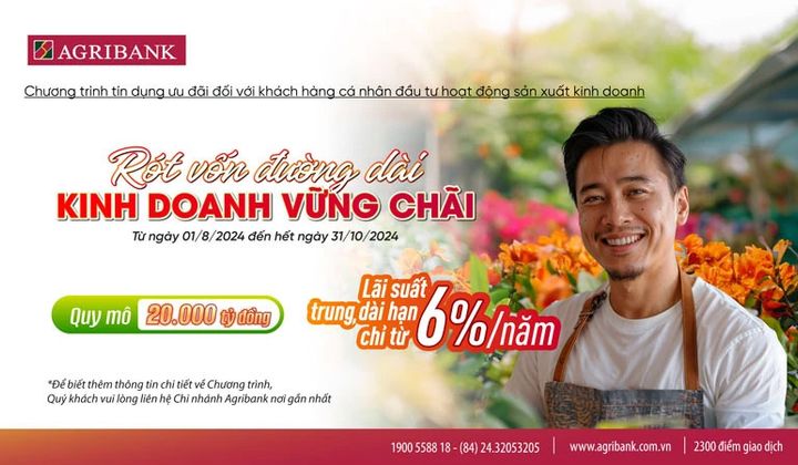 Agribank dành 20.000 tỷ đồng cho vay khách hàng cá nhân, lãi suất từ 6,0%/năm