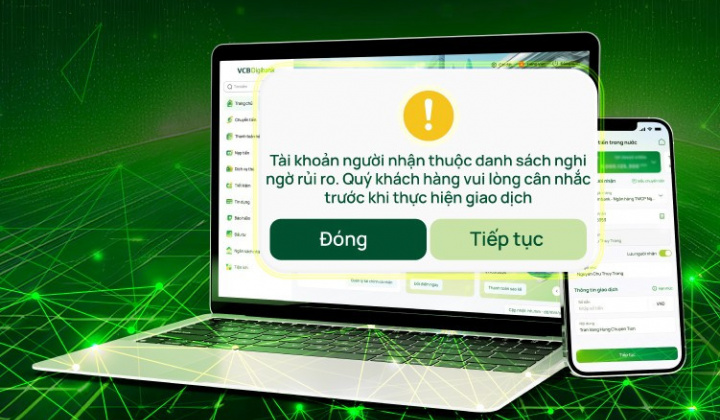 Vietcombank mở rộng tính năng Cảnh báo tài khoản nhận tiền có dấu hiệu nghi ngờ gian lận, lừa đảo