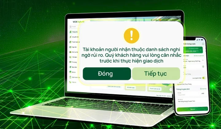 Vietcombank mở rộng tính năng Cảnh báo tài khoản nhận tiền có dấu hiệu nghi ngờ gian lận, lừa đảo