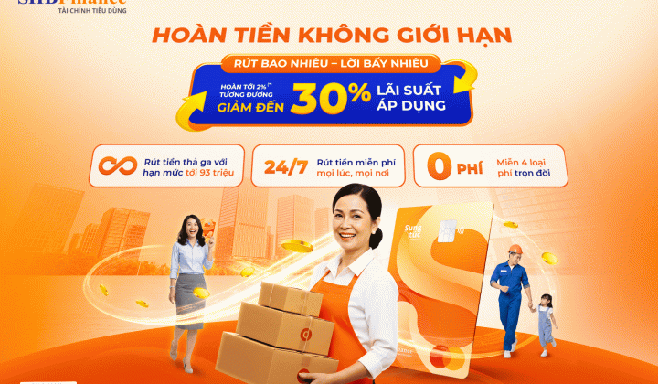 SHBFinance ưu đãi hoàn tiền không giới hạn khi rút tiền thẻ Sung Túc