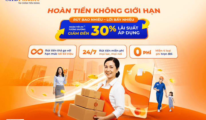 SHBFinance ưu đãi hoàn tiền không giới hạn khi rút tiền thẻ Sung Túc