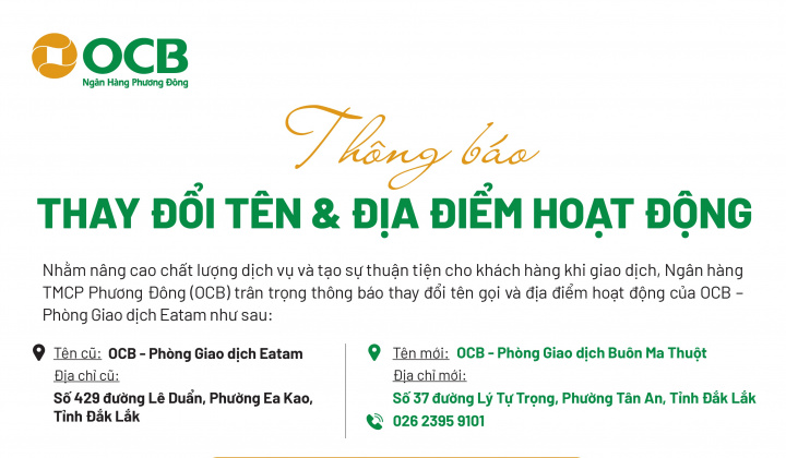 OCB thay đổi tên và địa điểm hoạt động Phòng Giao dịch Eatam (Đắk Lắk)