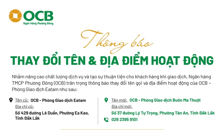 OCB thay đổi tên và địa điểm hoạt động Phòng Giao dịch Eatam (Đắk Lắk)