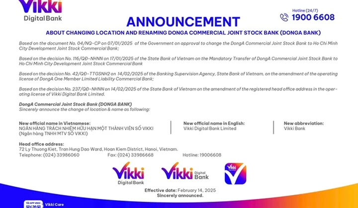 DongA Bank renamed as Vikki Digital Bank