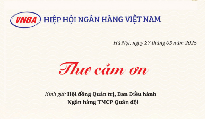 Hiệp hội Ngân hàng Việt Nam gửi thư cảm ơn Ngân hàng TMCP Quân Đội