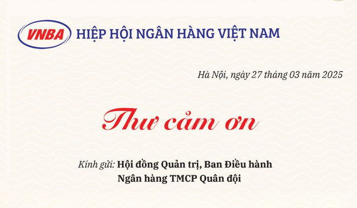 Hiệp hội Ngân hàng Việt Nam gửi thư cảm ơn Ngân hàng TMCP Quân Đội