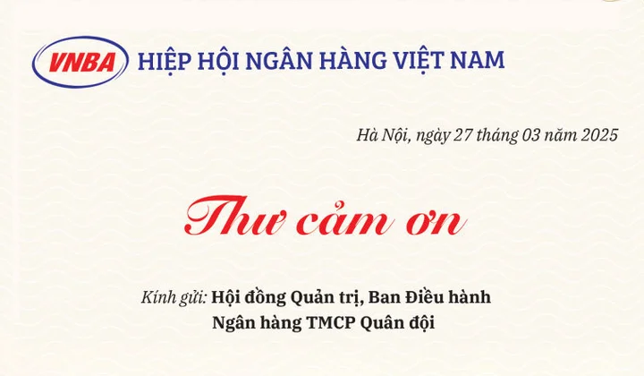 Hiệp hội Ngân hàng Việt Nam gửi thư cảm ơn Ngân hàng TMCP Quân Đội