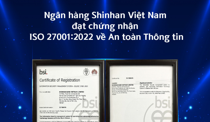 Shinhan Bank Vietnam receives iso 27001:2022 certificate on information security