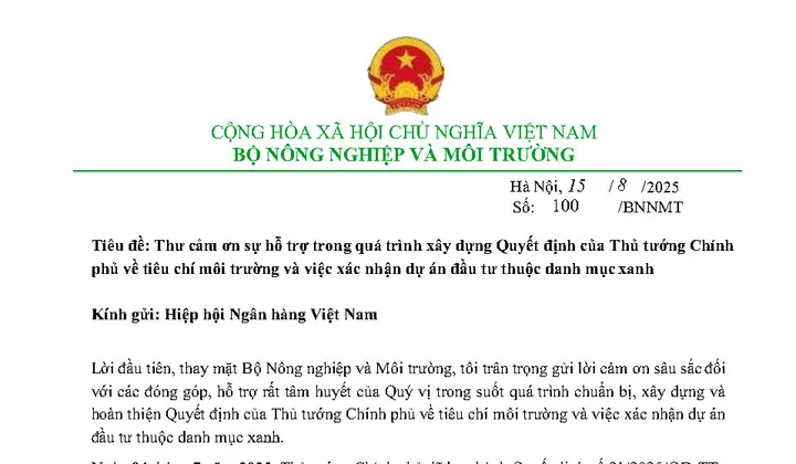 Bộ Nông nghiệp và Môi trường gửi Thư cảm ơn Hiệp hội Ngân hàng Việt Nam