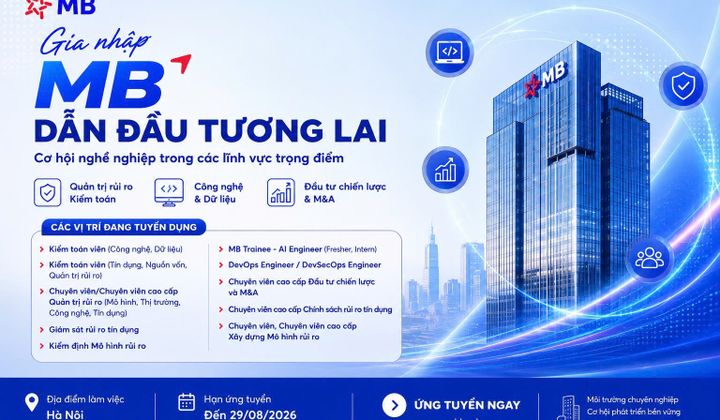 MBBank tuyển dụng loạt vị trí chuyên sâu về quản trị rủi ro, kiểm toán và công nghệ