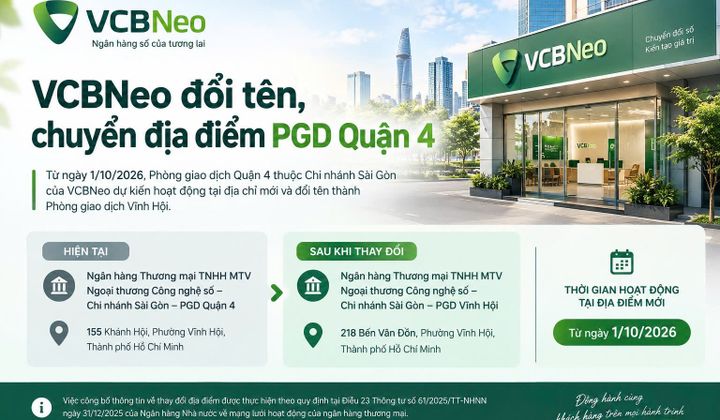 VCBNeo thay đổi địa điểm và tên gọi Phòng giao dịch Quận 4