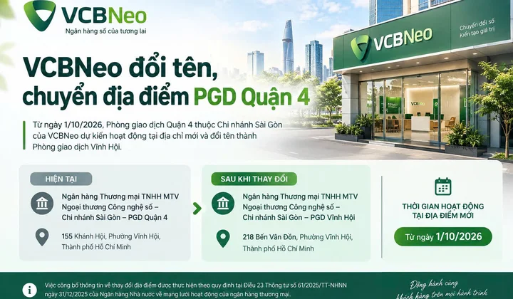 VCBNeo thay đổi địa điểm và tên gọi Phòng giao dịch Quận 4