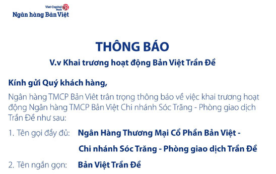 Bản Việt Sóc Trăng khai trương hoạt động Phòng giao dịch Trần Đề ngày 26/05/2023