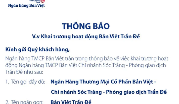Bản Việt Sóc Trăng khai trương hoạt động Phòng giao dịch Trần Đề ngày 26/05/2023