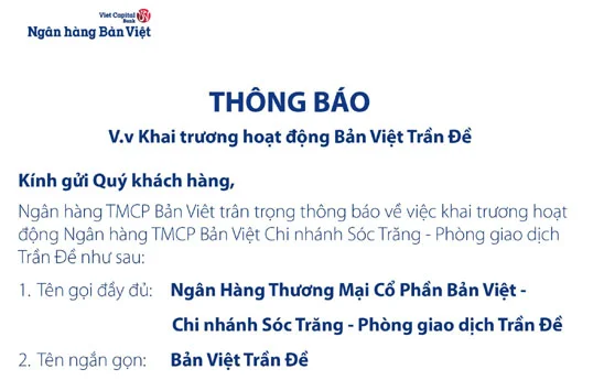 Bản Việt Sóc Trăng khai trương hoạt động Phòng giao dịch Trần Đề ngày 26/05/2023
