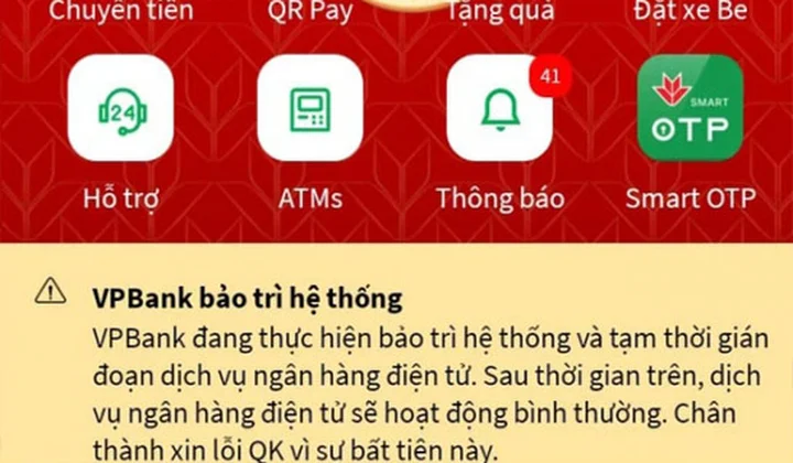 Kênh ngân hàng điện tử VPBank bị gián đoạn dịch vụ do sự cố lỗi đường truyền