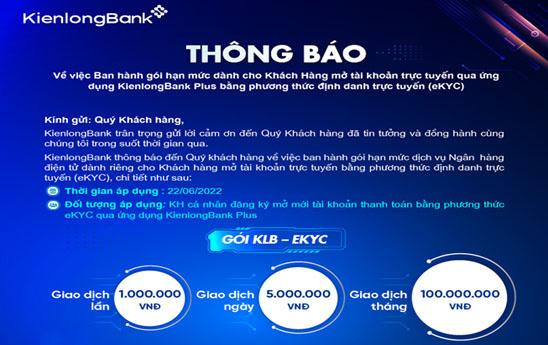 KienlongBank ban hành hạn mức mở tài khoản bằng phương thức eKYC