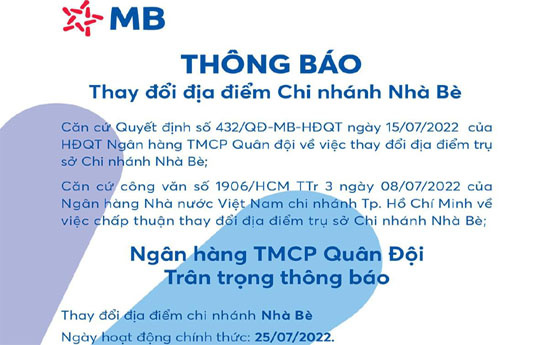 MB Nhà Bè thay đổi địa điểm trụ sở từ ngày 25/07/2022
