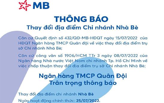 MB Nhà Bè thay đổi địa điểm trụ sở từ ngày 25/07/2022