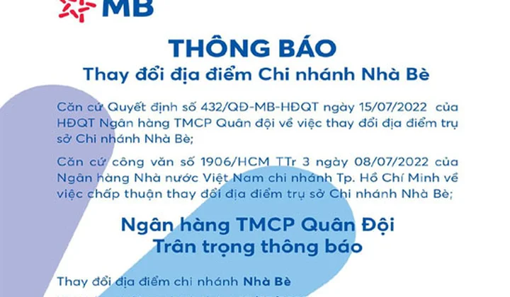 MB Nhà Bè thay đổi địa điểm trụ sở từ ngày 25/07/2022