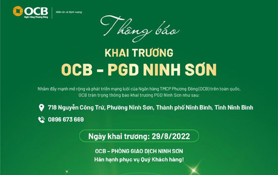 OCB Ninh Sơn dự kiến khai trương ngày 29/08/2022