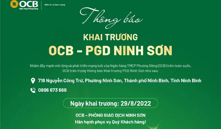 OCB Ninh Sơn dự kiến khai trương ngày 29/08/2022