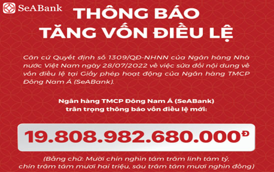 SeABank tăng vốn điều lệ lên 19.809 tỷ đồng