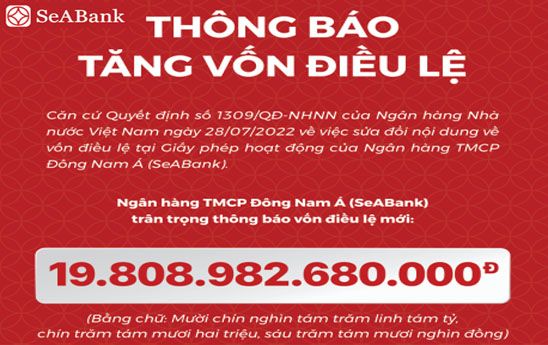 SeABank tăng vốn điều lệ lên 19.809 tỷ đồng