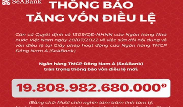 SeABank tăng vốn điều lệ lên 19.809 tỷ đồng