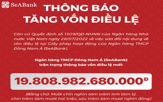 SeABank tăng vốn điều lệ lên 19.809 tỷ đồng