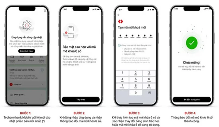 Techcombank Mobile nâng cấp mã mở khóa từ 4 số thành 6 số
