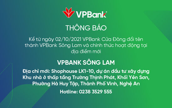 VPBank Cửa Đông đổi tên và thay đổi địa điểm hoạt động