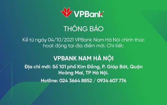 VPBank Nam Hà Nội thay đổi địa điểm hoạt động