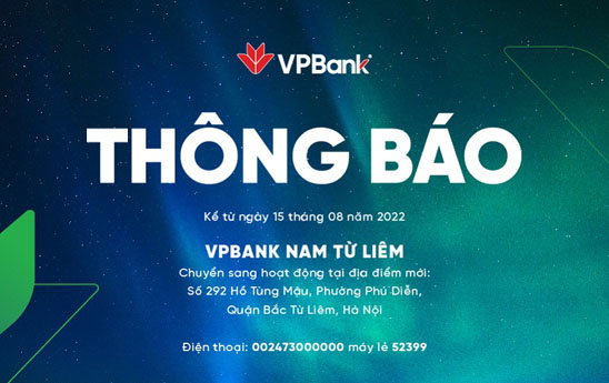 VPBank Nam Từ Liêm chuyển địa điểm mới