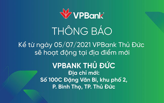 VPBank Thủ Đức thay đổi địa điểm hoạt động